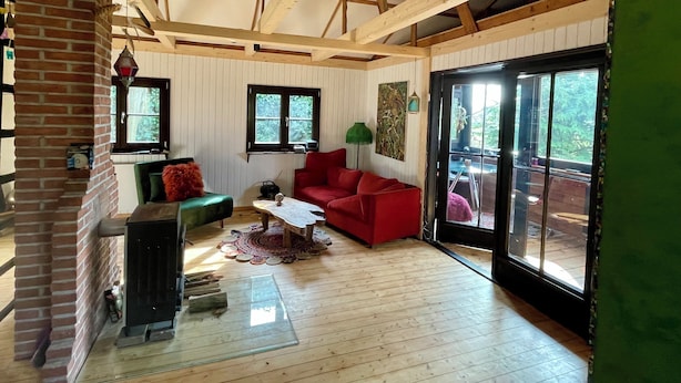 Une pièce spacieuse avec un plancher en bois, une cheminée en briques, un canapé rouge et une grande porte-fenêtre coulissante donnant sur un espace extérieur.