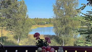 A table with a bowl of fruit and flowers, overlooking a lake with trees and a house in the background.