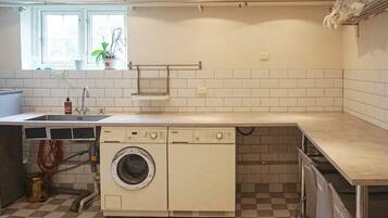 A laundry room with a washing machine, a sink, and a window with plants.