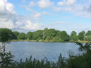 A calm lake surrounded by dense green trees under a partly cloudy sky.
