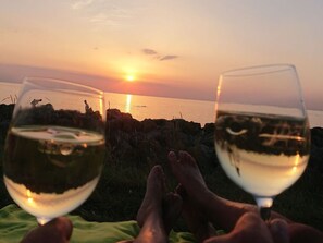 Dos personas sosteniendo copas de vino con vista al atardecer sobre el agua.