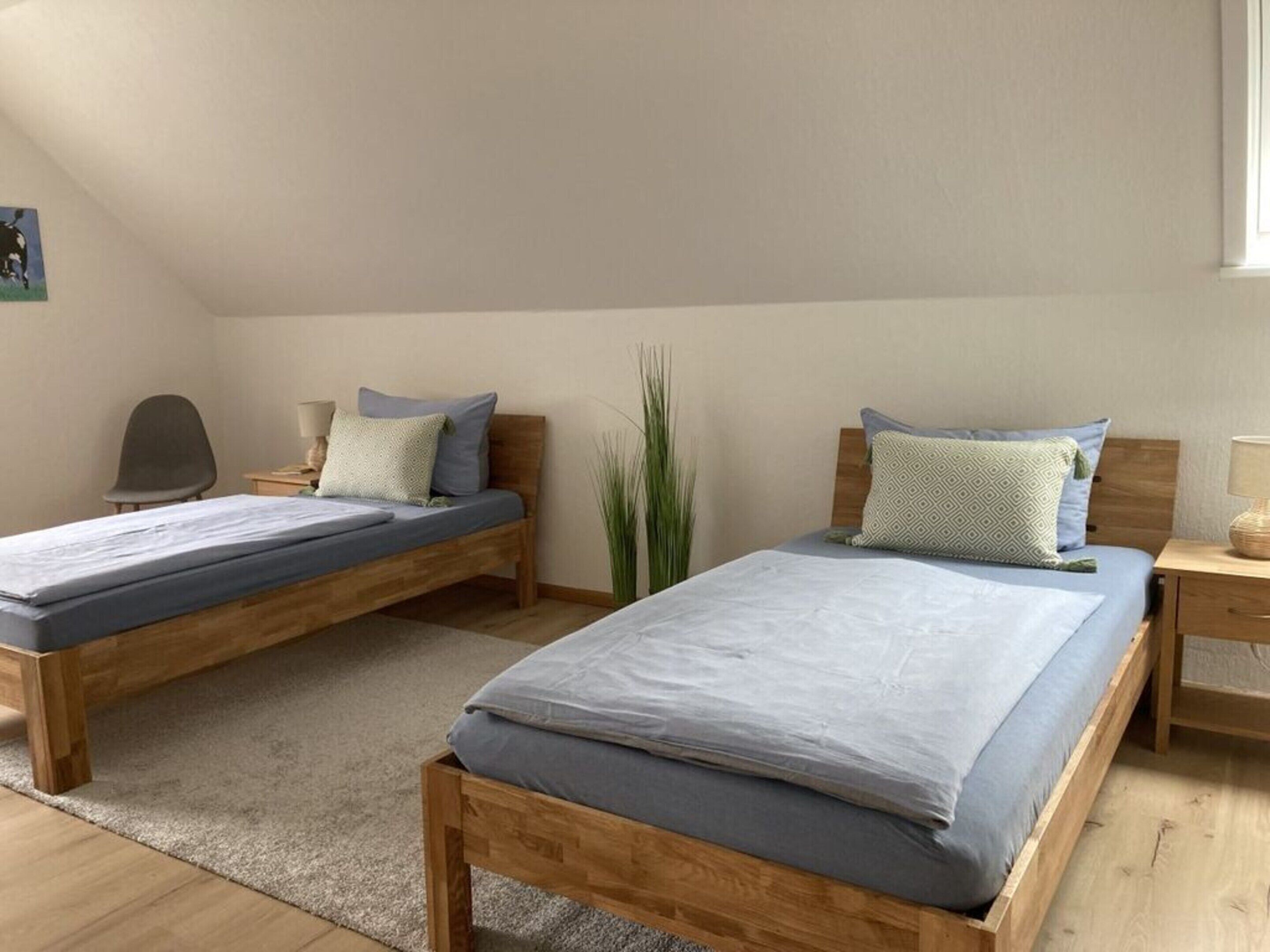 A room with two wooden beds, each with a grey mattress and matching pillows. There is a desk with a lamp, a chair, and a tall green plant.