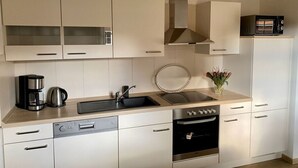 Une cuisine moderne équipée d’un lave-vaisselle, d’un four et d’un four à micro-ondes posé sur le plan de travail.