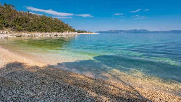 Una spiaggia di ciottoli con acqua cristallina e una collina ricoperta di bosco.