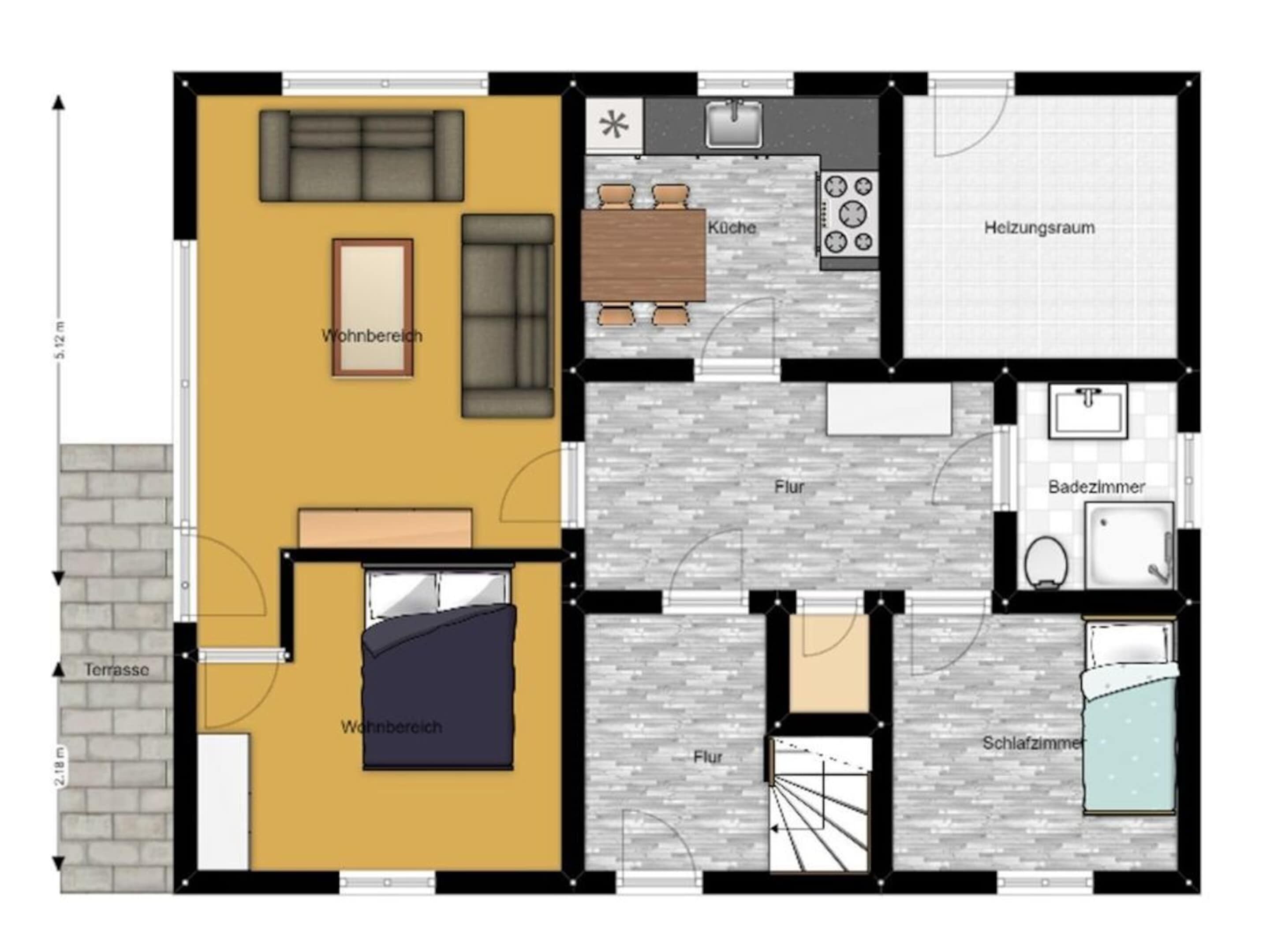 Ein Grundriss eines Hotels mit Wohnbereich, Küche, Bad und Balkon.
