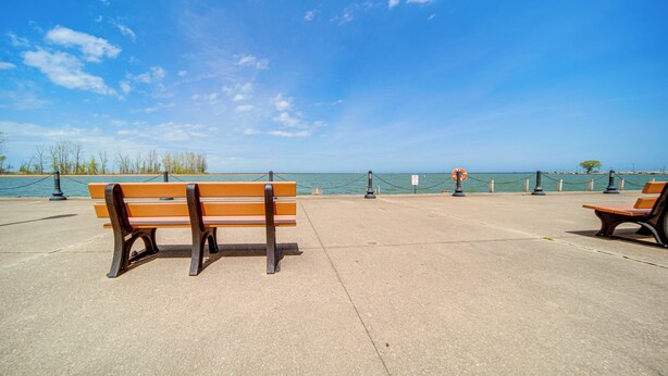 Een betonnen looppad met twee houten banken gericht op een waterpartij, een heldere lucht en een verafgelegen boom.