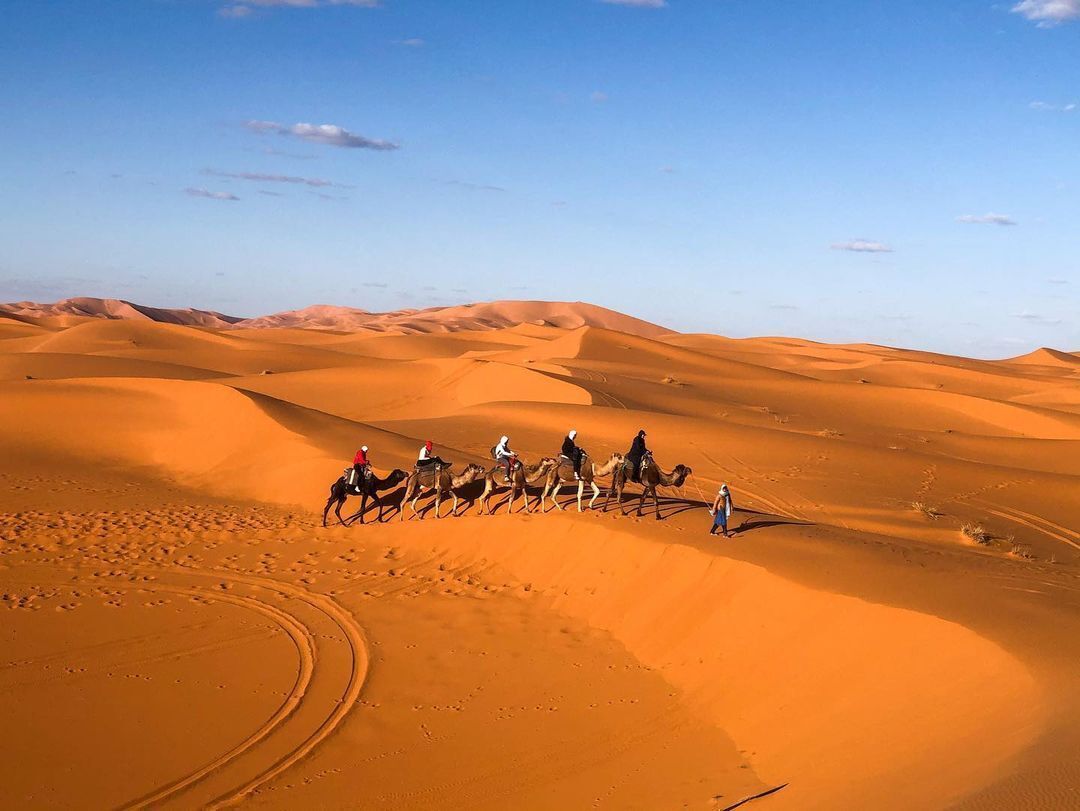 Un groupe de personnes chevauche des chameaux à travers un paysage désertique, avec des dunes de sable.