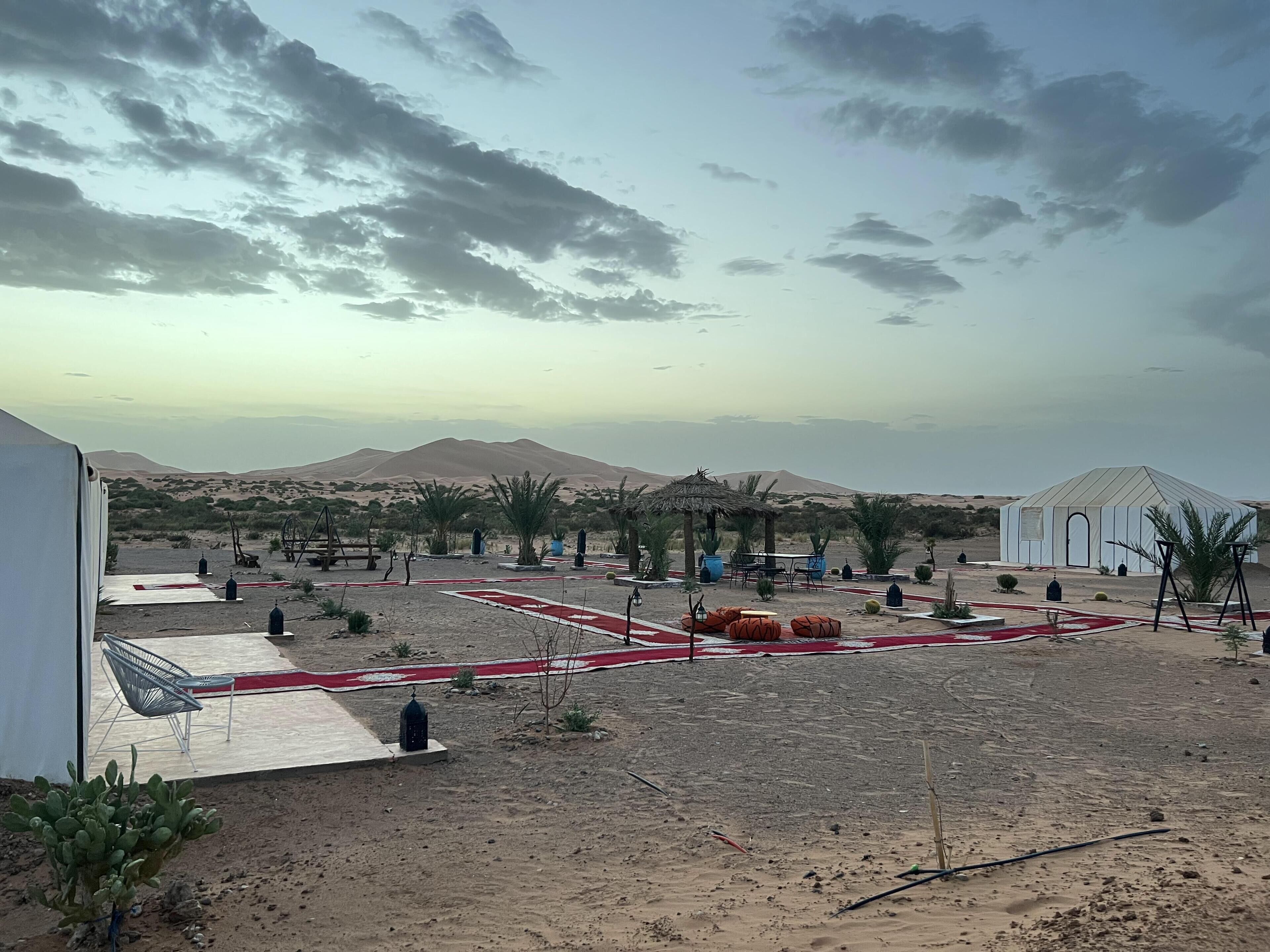 A desert landscape with a white tent, palm trees, and a red carpet path.