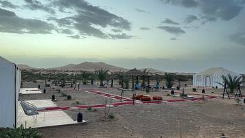 A desert landscape with a white tent, palm trees, and a red carpet path.