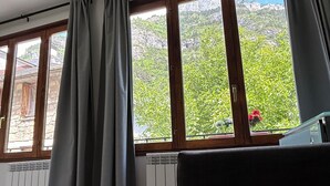 A room with large windows, a radiator, and a bed. - Apartahotel Canfranc (Canfranc)