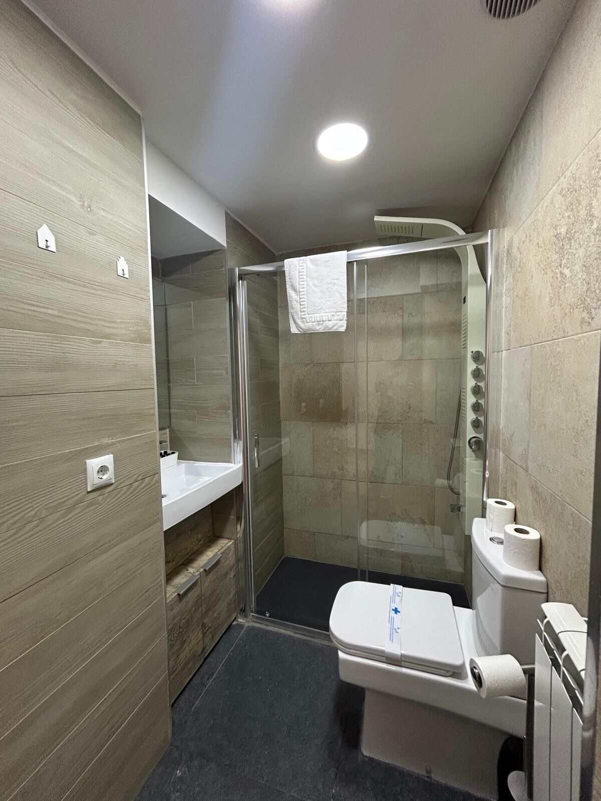 Ein modernes Badezimmer mit Dusche, Toilette und Waschbecken.