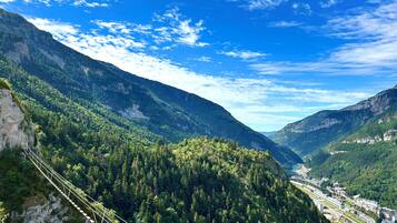 A mountainous landscape with a suspension bridge, dense forest, and a valley with buildings.