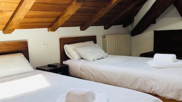 Ein Schlafzimmer mit zwei Betten, einem Oberlicht, Holzbalken und Blick ins Freie.