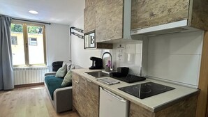 A compact kitchen with a built-in dishwasher, a sink, and a stove. - Apartahotel Canfranc (Canfranc)