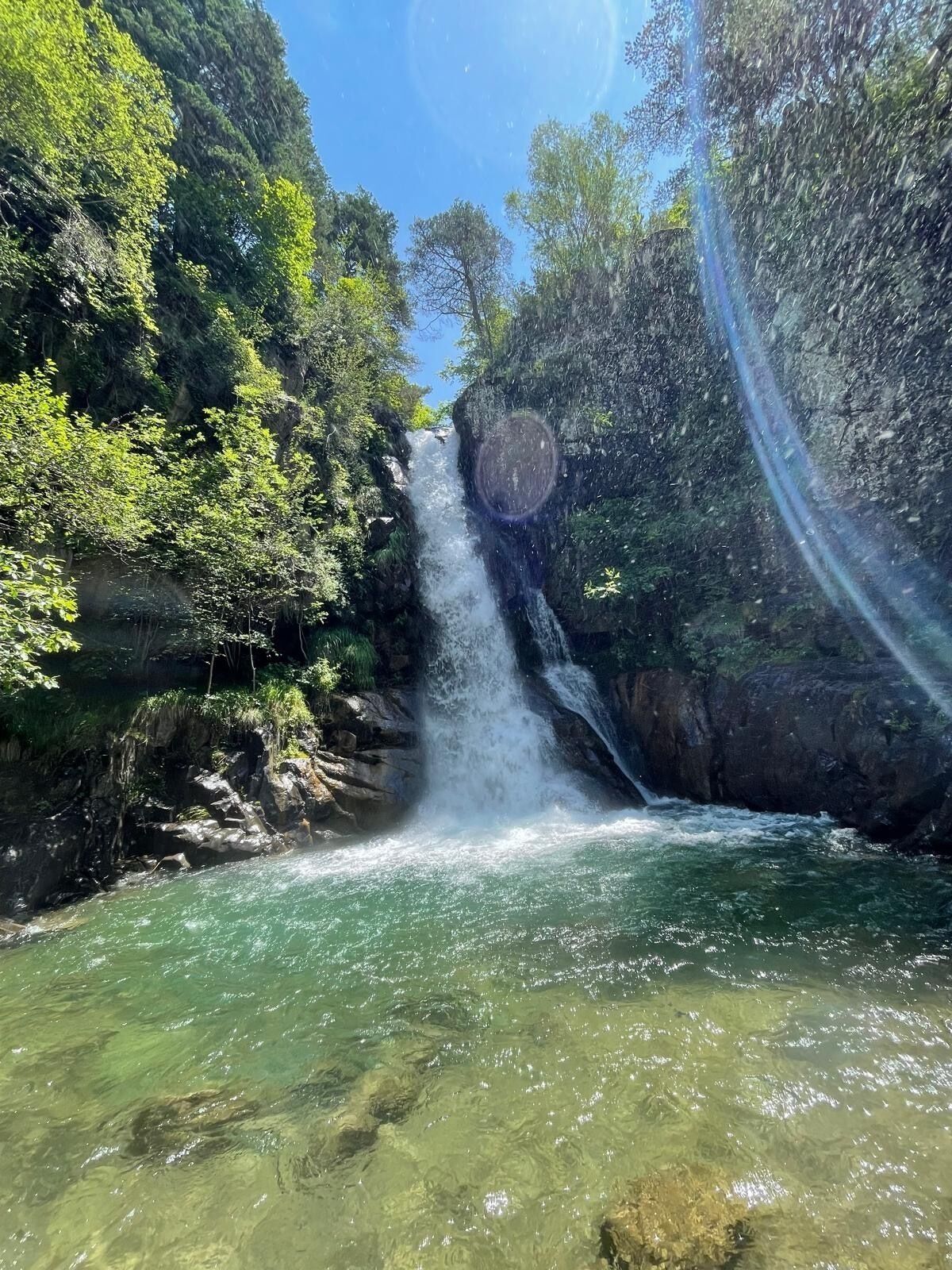 Una cascada que aboca a un riu cristal·lí envoltat per una densa foresta.