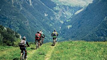Un grupo de ciclistas en un sendero de montaña, rodeados de colinas verdes exuberantes.