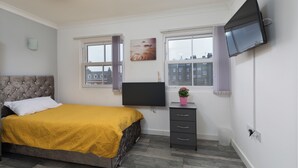 Un dormitorio con cama, televisor, ventana, planta y cómoda.