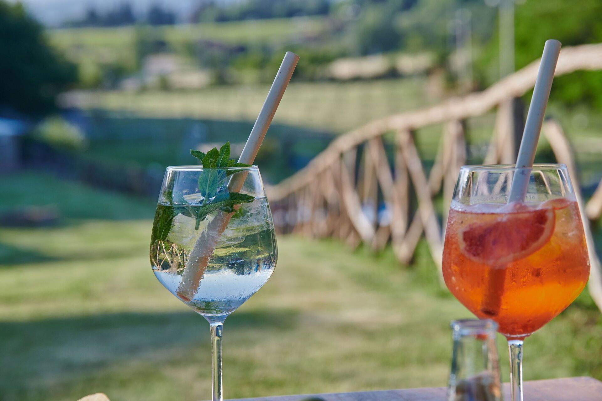 Two glasses of beverages with straws, one with mint leaves, set against a blurred outdoor background.