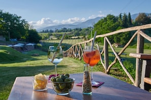 A picnic table with drinks, olives, and a bottle of nuts. - Le Fornaci - Apartment with pool (Latereto)