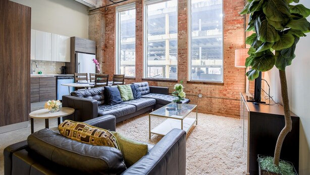 A modern living room with a sectional sofa, a glass coffee table, and a large plant.