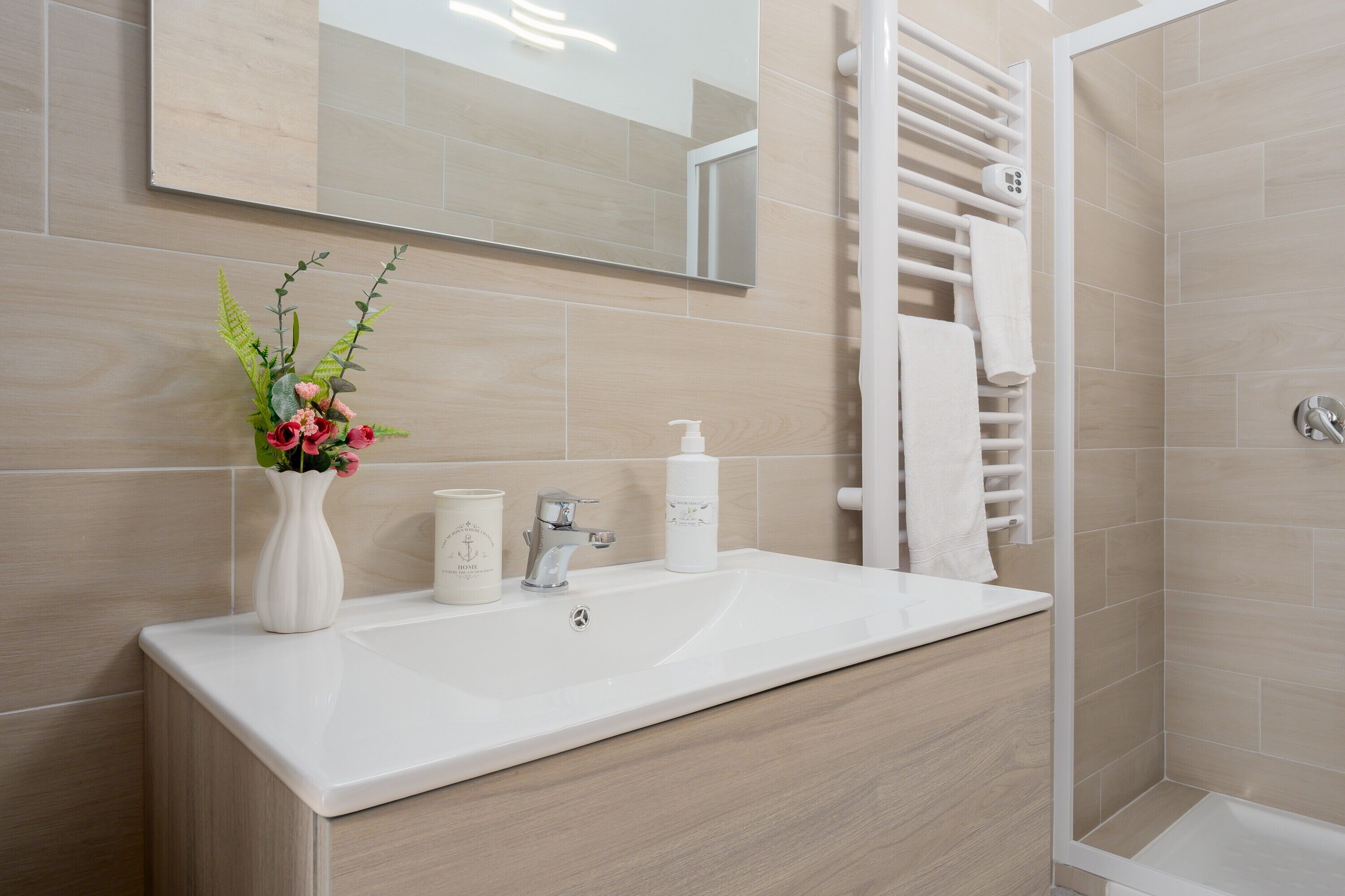 Shower, hair dryer, towels