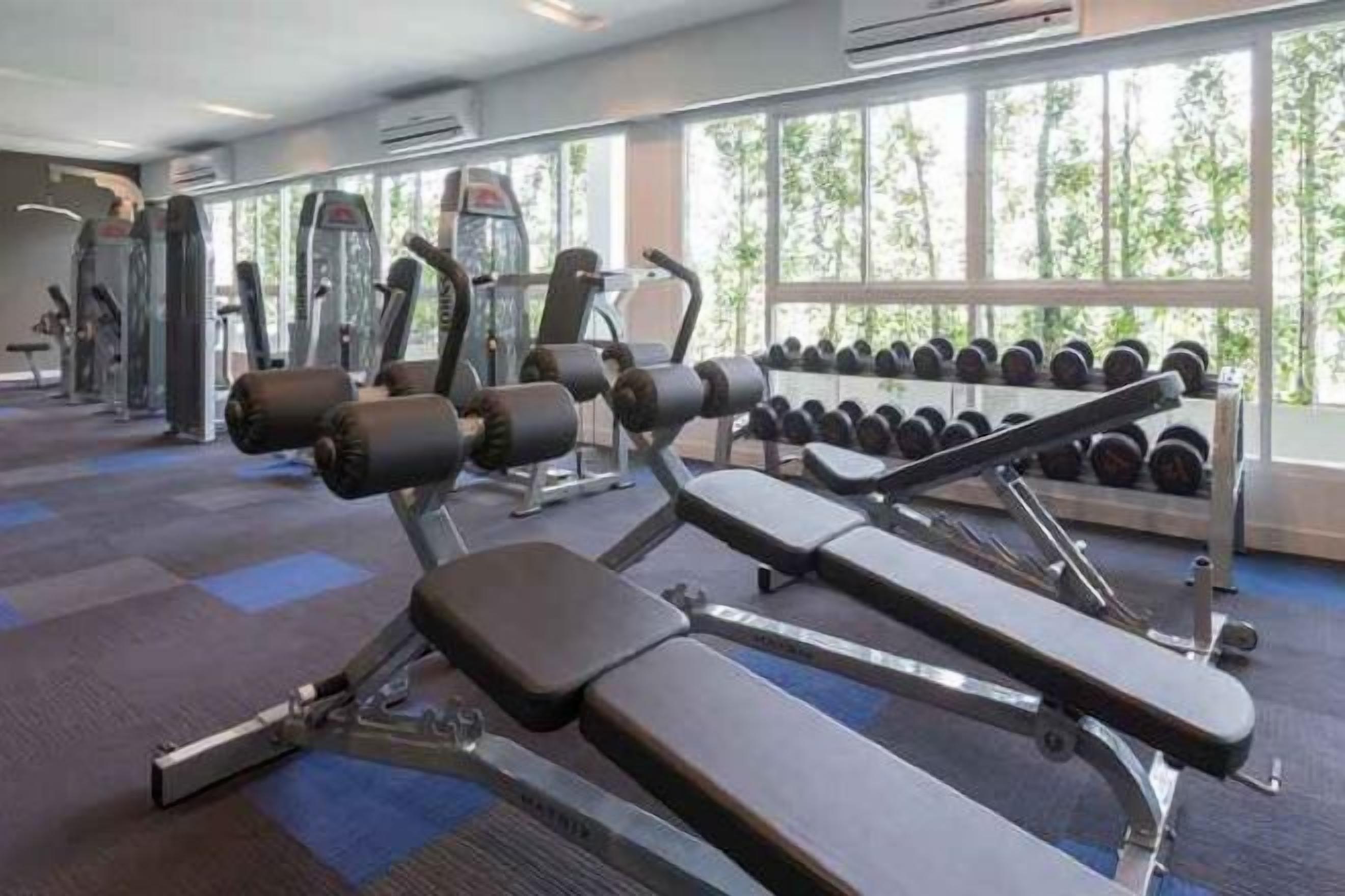 A gym with exercise equipment and dumbbells.