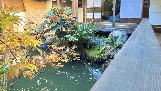 A wooden house with a garden, including a pond and various plants. - This inn is a renovated old house. (中津川市)