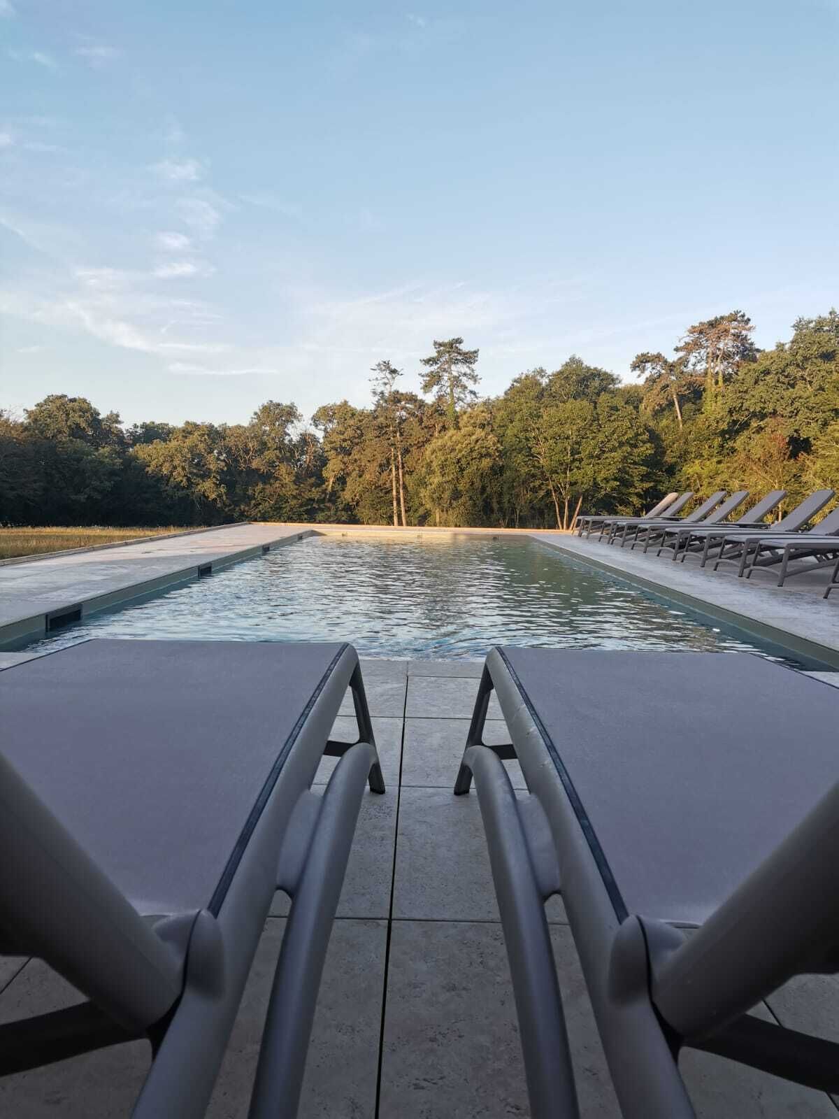 Zona de piscina con sillones de descanso y vistas a árboles.