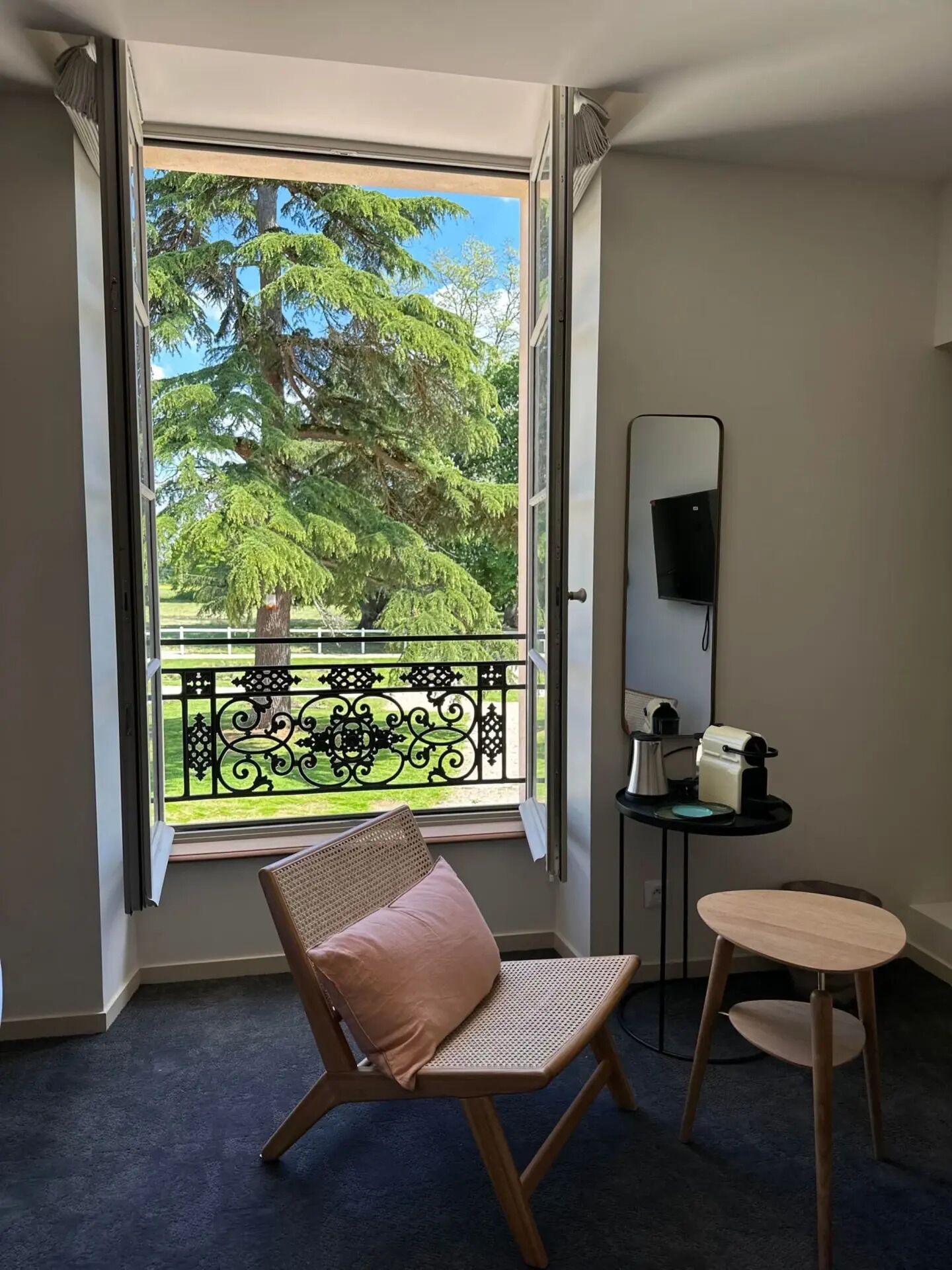 A room with a large window offering a view of a park with trees and a fence. There is a chair with a cushion, a small table with a kettle, and a mirror on the wall.