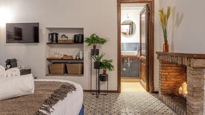 Een moderne slaapkamer met een bed, nachtkastje, televisie, planken met spullen, een potplant, een open haard en een badkamer die door een open deur zichtbaar is.