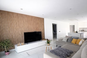 A modern living room with a flat-screen TV, a sofa, a small side table, and a potted plant.