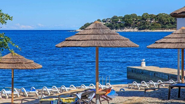 A beachside view with thatched umbrellas, lounge chairs, and a pier extending into the sea.