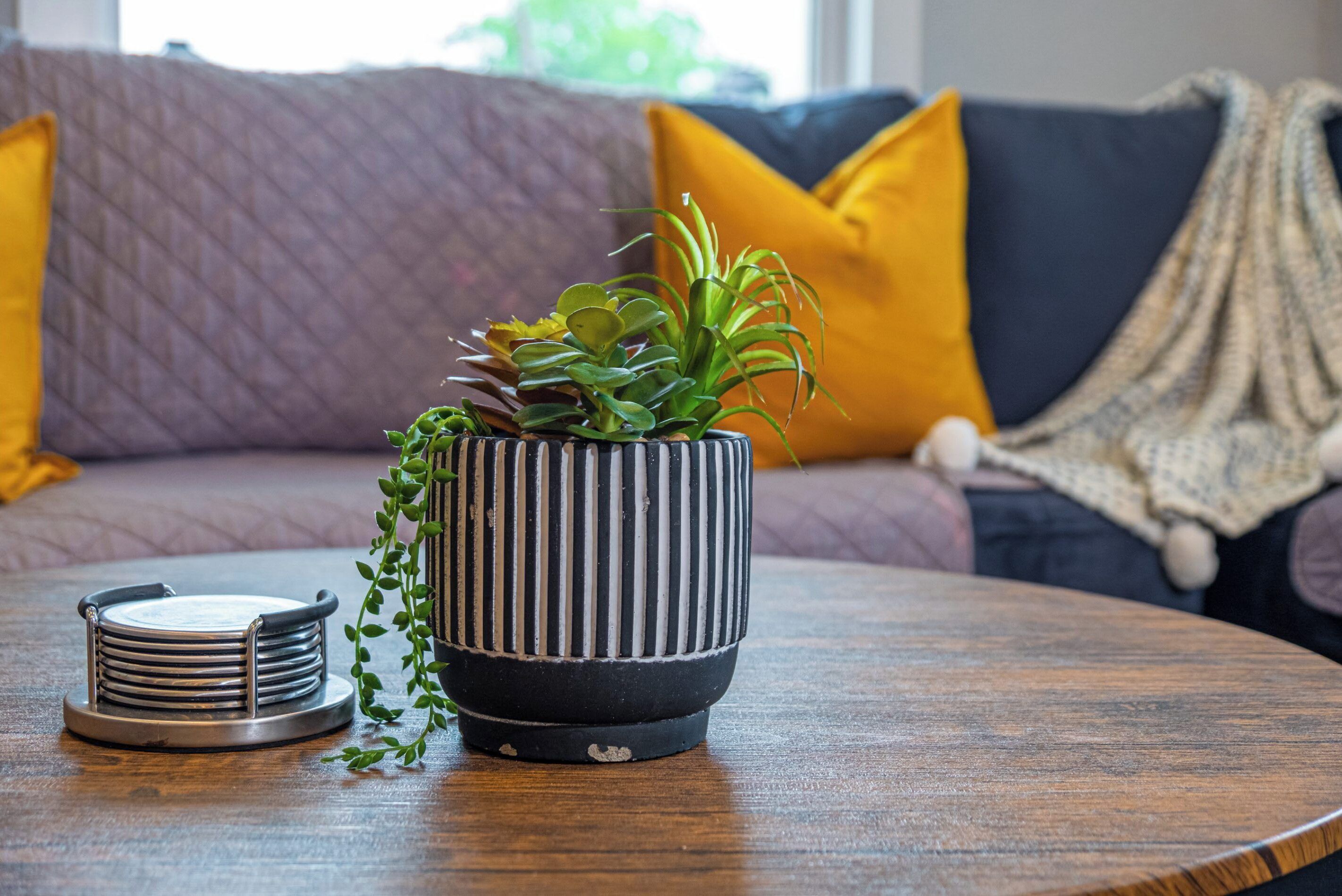 Una mesa redonda de madera con una planta en maceta y una pila de posavasos.