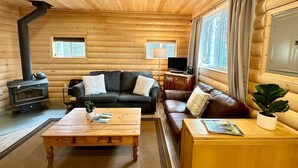 A cozy log cabin interior with a fireplace, a sofa, a coffee table, and a television.