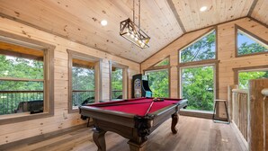 A wooden interior with a pool table, large windows, and a view of the outdoors. - 3 levels of Luxury*Modern*Private Pool*Stunning Views (SEVIERVILLE)