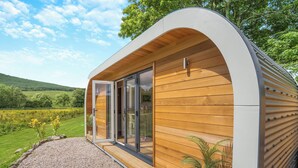A modern, curved wooden cabin with a glass door entrance, a gravel path leading to it, and a lush green landscape in the background. - Freedom Fields - Bluebell (Straiton, near Maybole)