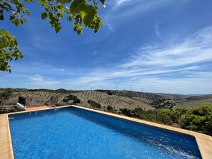 A swimming pool with a view of a hilly landscape and wind turbines in the distance. - Holiday Home 'Casa Rural Las Cales' with Mountain View, Private Pool and Wi-Fi (VELEZ-RUBIO)