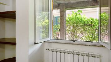 A room with a window overlooking a balcony, a radiator, and a wooden shelf.