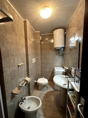 Une salle de bain équipée de toilettes, d’un bidet, d’un lavabo et d’un chauffe-eau.