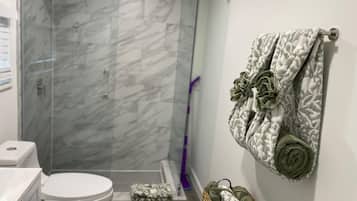 Regadera, secadora de cabello, toallas, jabón