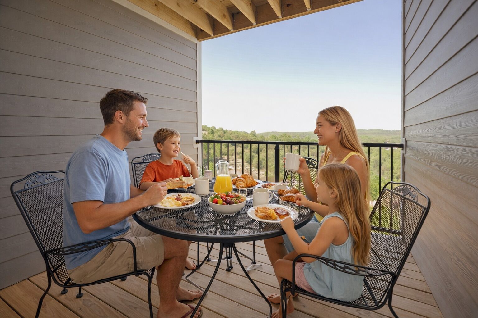 Eine Familie speist auf einer Holzterrasse mit Tisch, Stühlen und Geländer.