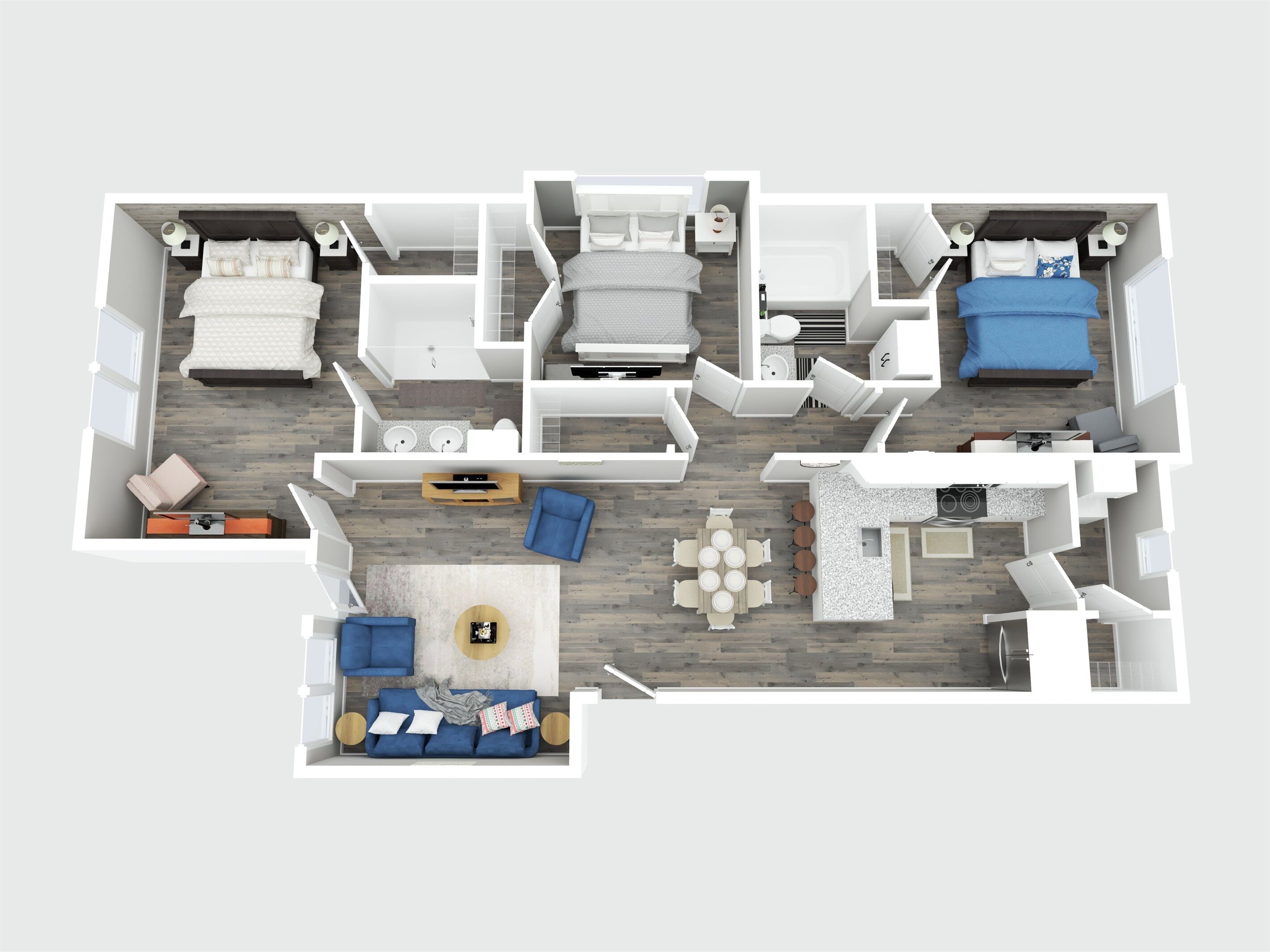 A 2-bedroom apartment layout with a living room, kitchen, and separate bedrooms.