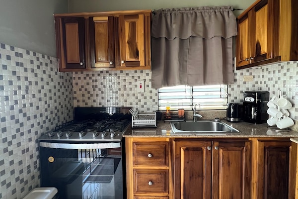 Een koelkast, een microgolfoven, een kookplaat