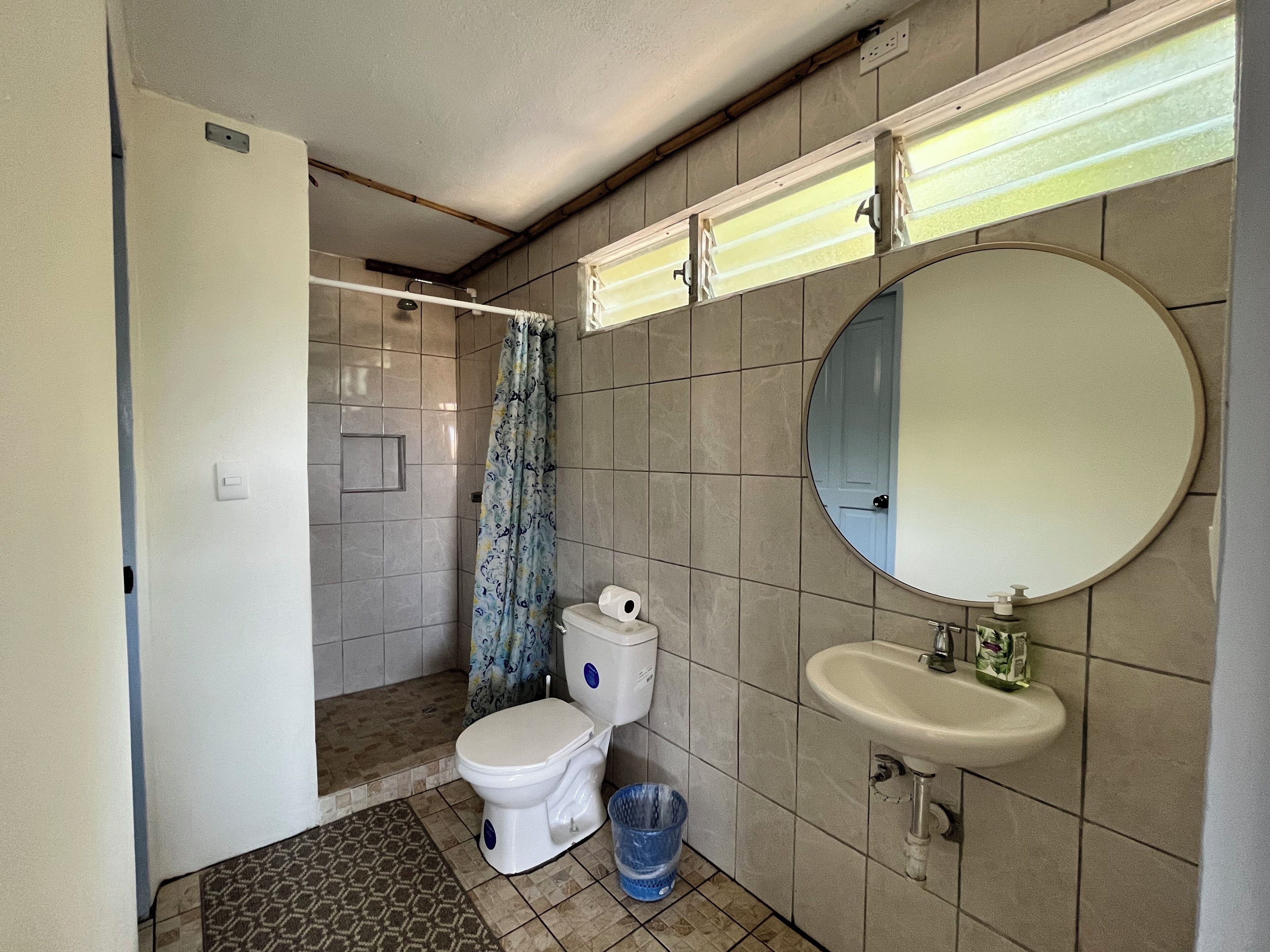 A small bathroom with a toilet, sink, and shower.