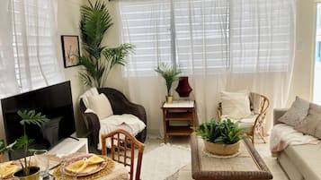 Deluxe Single Room | Living area | 55-inch flat-screen TV with cable channels