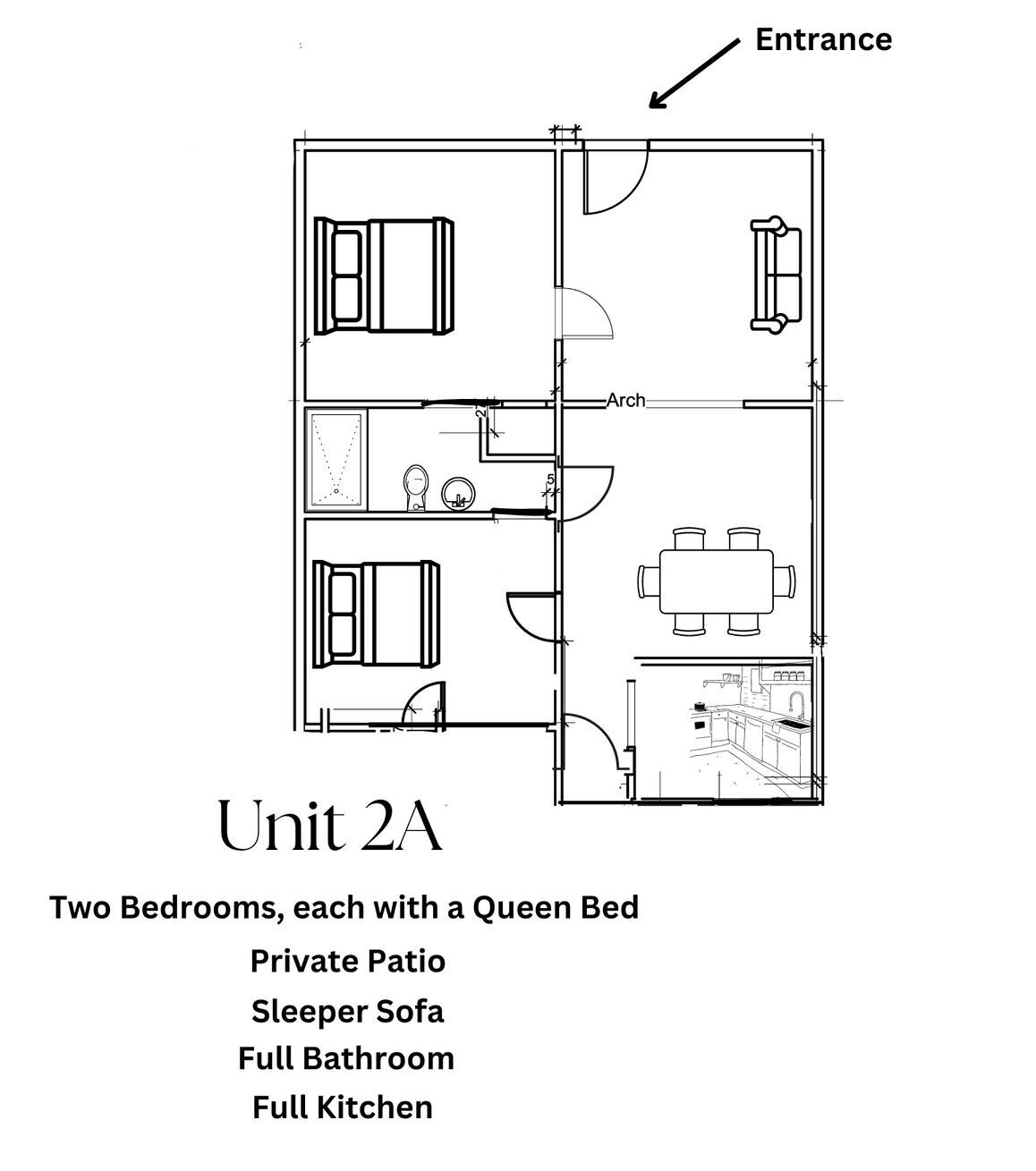 Plattegrond van unit 2A met twee slaapkamers, elk met een queensize bed, een eigen patio, een slaapbank, een complete badkamer en een volledig uitgeruste keuken.