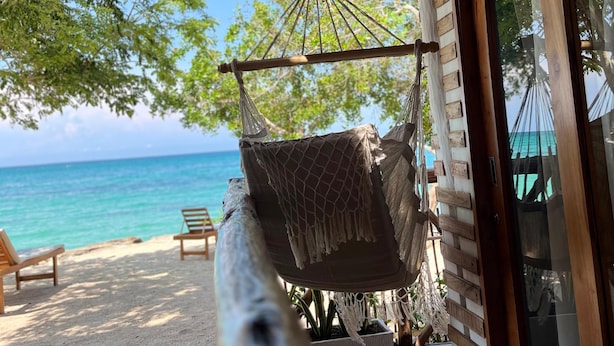 Estructura de madera con hamaca y plantas en macetas, con vista a una playa de aguas azules y cristalinas.