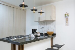 Departamento básico | Cocina privada | Refrigerador, microondas, lavavajillas y licuadora 