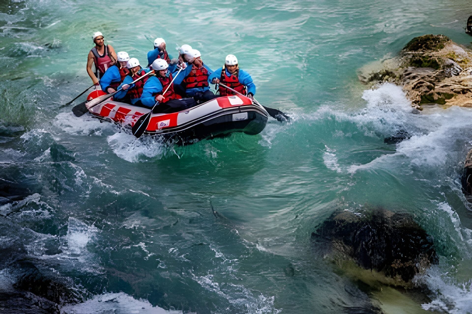 Un groupe de personnes à bord d’un radeau rouge et blanc navigue sur une rivière à courant rapide.