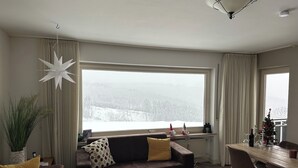 En stue med et stort vindue, en brun lædersofa, et spisebord med stole og en loftsvifte.